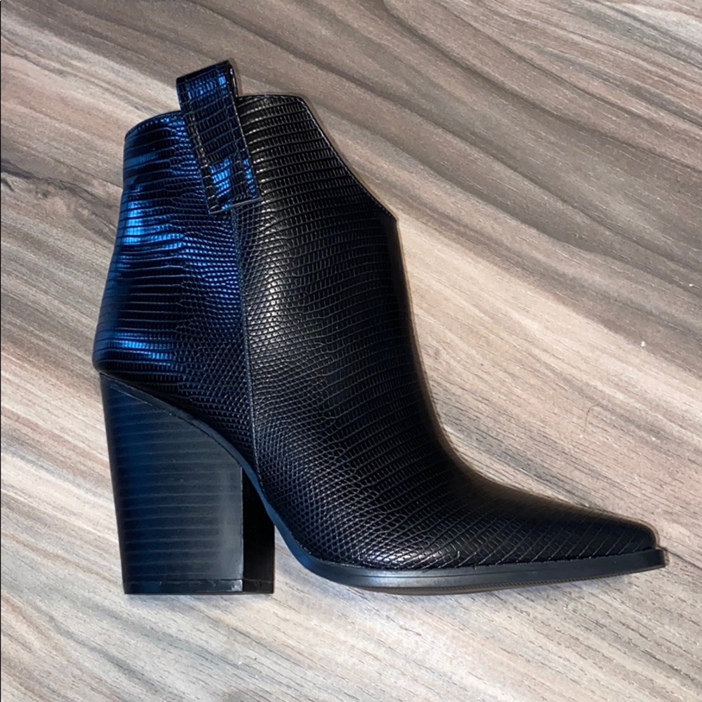 Black reptile textured ankle booties